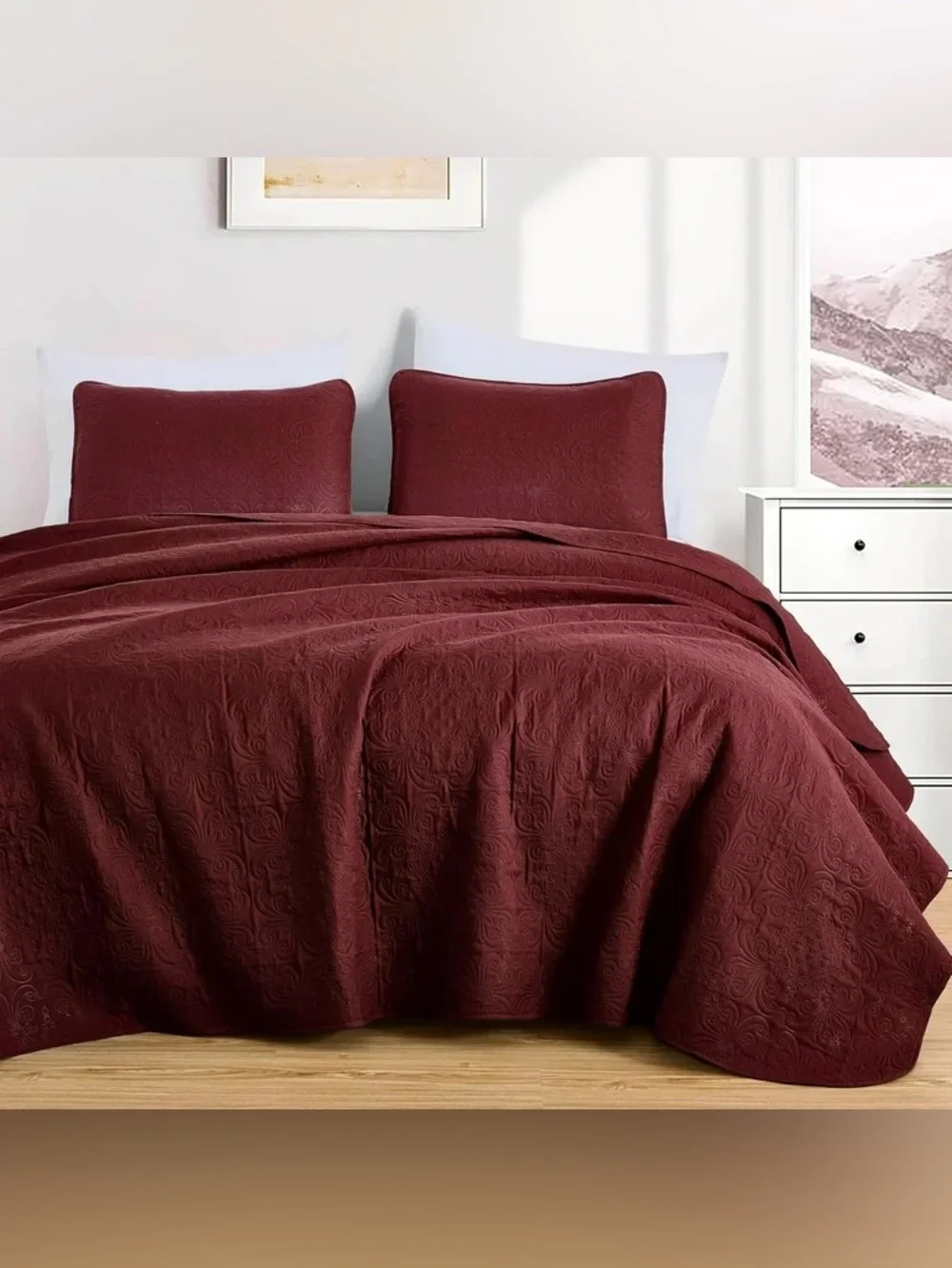 Queen 3 piece Quilted Bedspread Set in Deep Burgundy